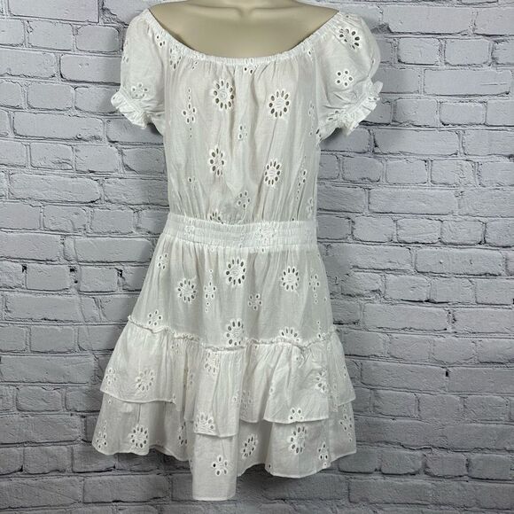Aqua Swim Women’s Beach Coverup Tiered Peasant Dress Cotton Eyelet Ivory S NWT - Picture 2 of 5